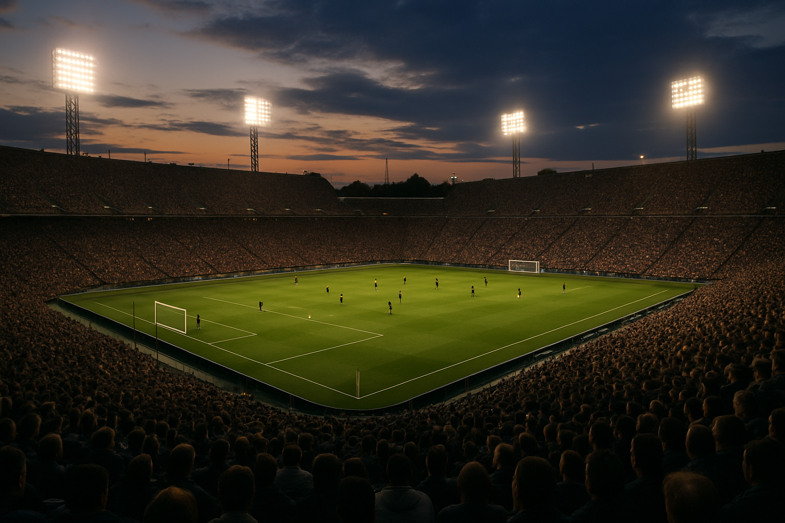Fans watching a soccer match under stadium floodlights during World Cup season